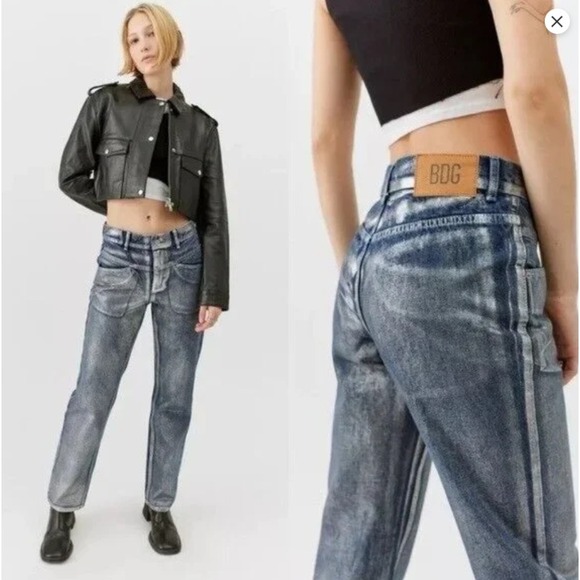 BDG Urban Outfitters Women 27 Metallic High-Waisted Cowboy Jeans Silver - Picture 1 of 14